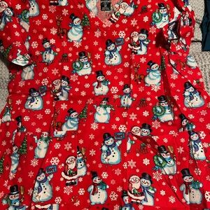 Festive Red sparkle Snowman scrub top